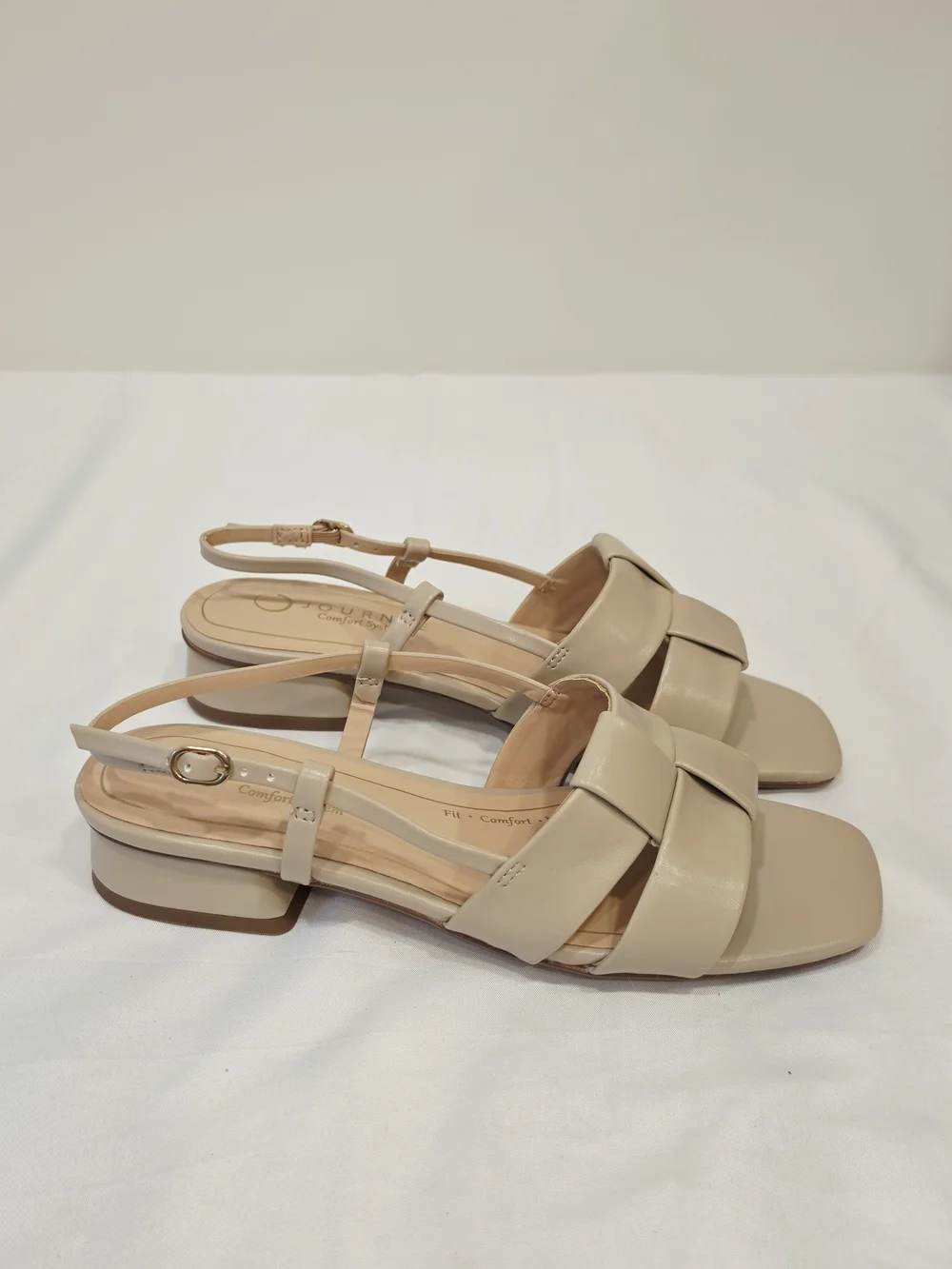 Journee Collection Tabatha Nude Woven T-Strap Low Block Heel Sandals US Size 7.5